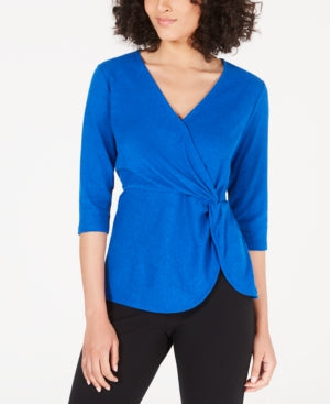 Alfani Women's Petite Twist-Side Faux-Wrap Top Blue Size Petite Large