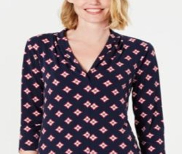Charter Club Petite Printed 3/4-Sleeve Top Navy Size Petite XL