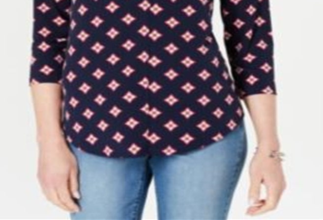 Charter Club Petite Printed 3/4-Sleeve Top Navy Size Petite XL