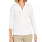 Charter Club Women's Petite Tie-Neck Crepe Top  White Size Petite M