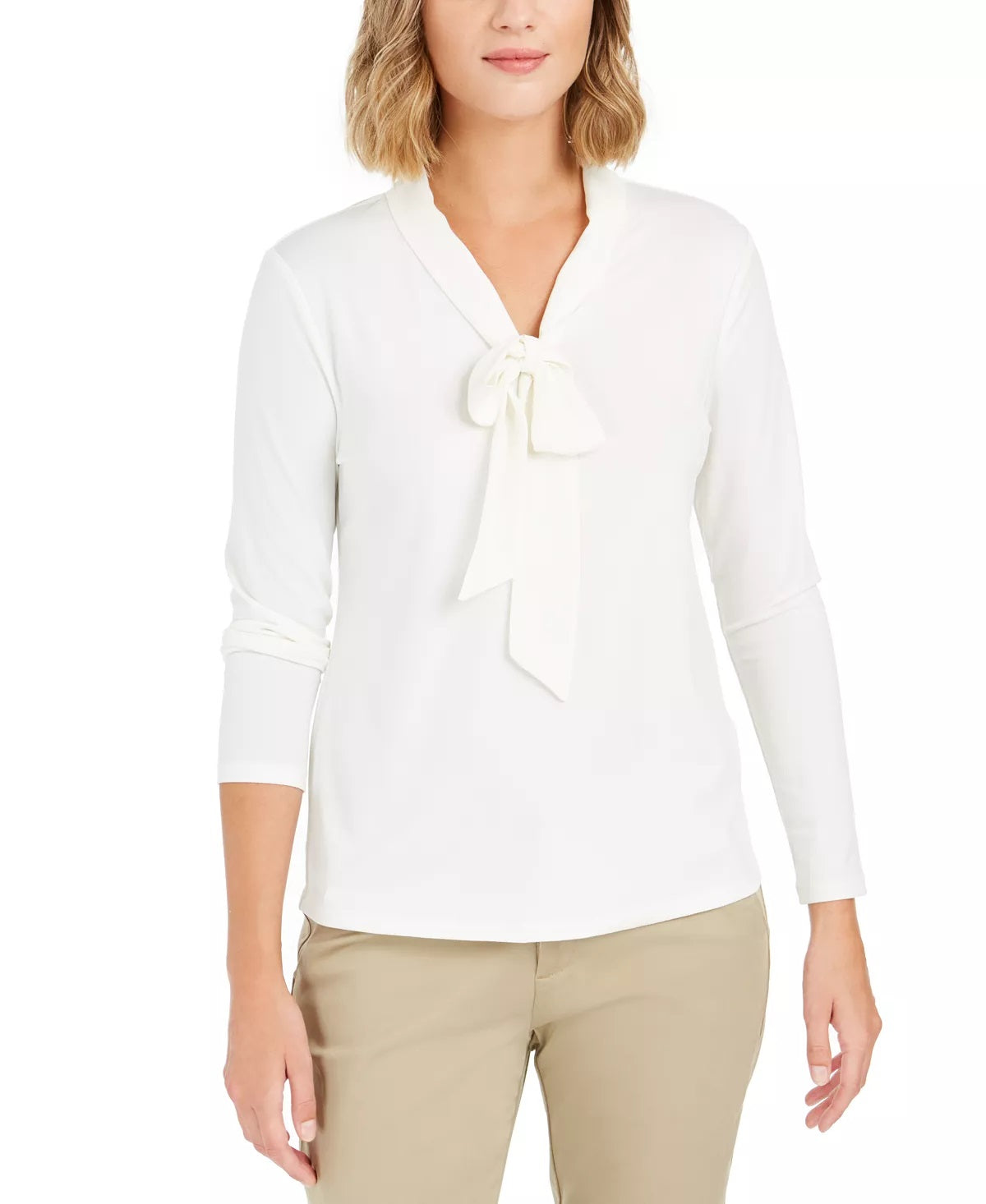 Charter Club Women's Petite Tie-Neck Crepe Top  White Size Petite M
