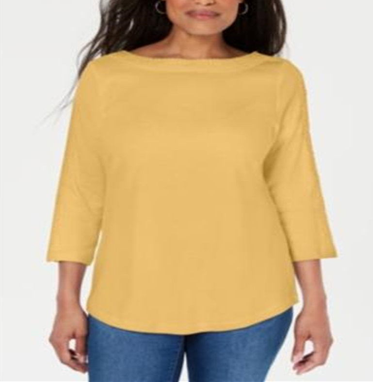 Karen Scott Women's Cotton Lace Trim Top Yellow Size Small