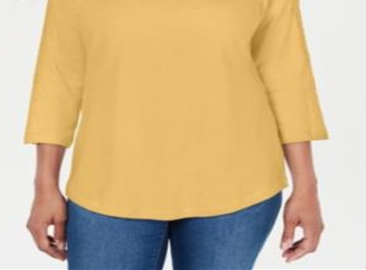 Karen Scott Women's Cotton Lace Trim Top Yellow Size Small