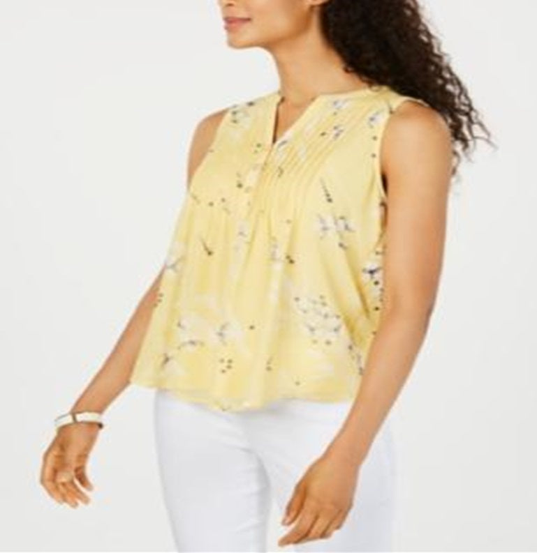 Charter Club Women's Floral Print Pintucked Top Yellow Size Petite L