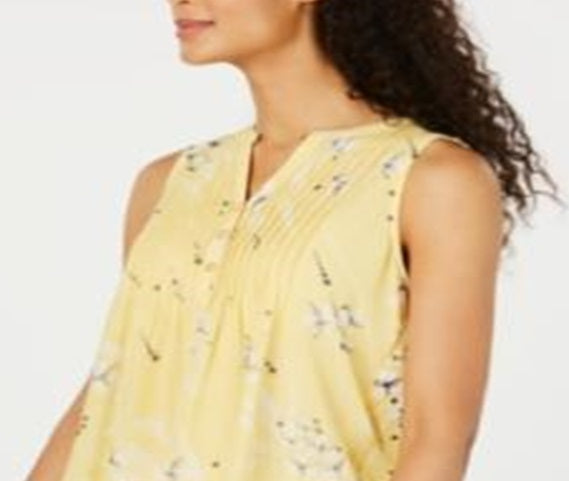 Charter Club Women's Floral Print Pintucked Top Yellow Size Petite L
