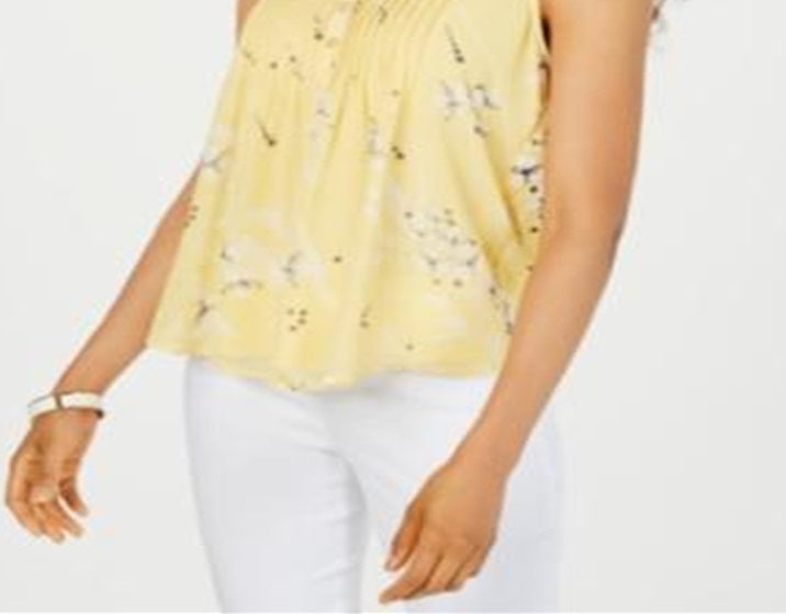 Charter Club Women's Floral Print Pintucked Top Yellow Size Petite L