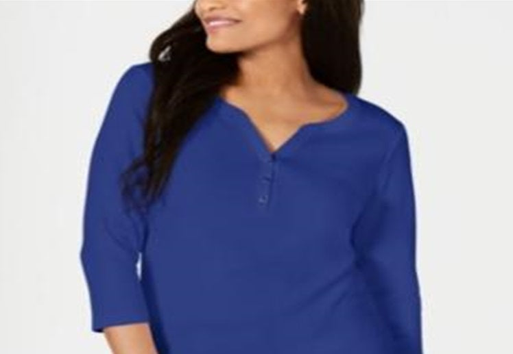 Karen Scott Women's Cotton Henley Top Blue Size X-Small