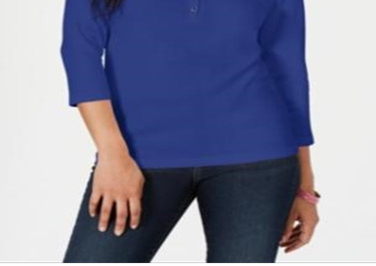 Karen Scott Women's Cotton Henley Top Blue Size X-Small