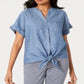 Charter Club Women's Linen Tie Front Shirt Blue Size X-Large
