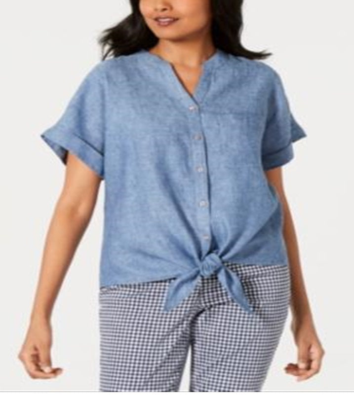 Charter Club Women's Linen Tie Front Shirt Blue Size X-Large