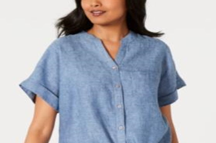 Charter Club Women's Linen Tie Front Shirt Blue Size X-Large