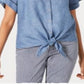 Charter Club Women's Linen Tie Front Shirt Blue Size X-Large