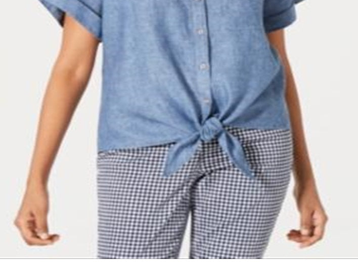 Charter Club Women's Linen Tie Front Shirt Blue Size X-Large