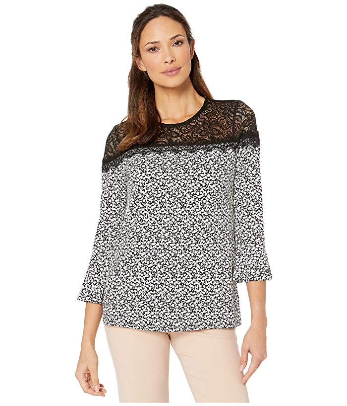 Michael Kors Women's Leaf Lace Yoke Top (Black/Bone) Black Size Large