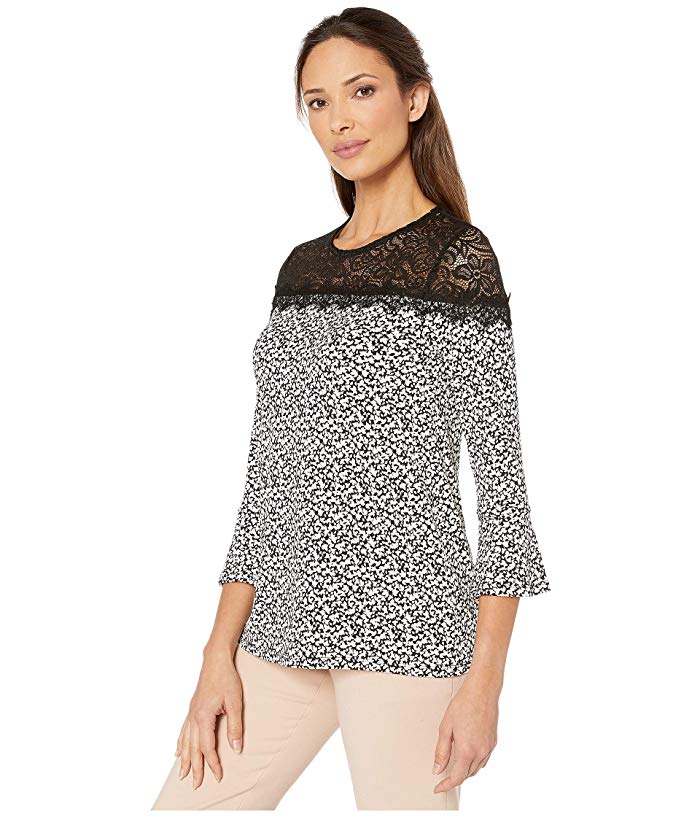Michael Kors Women's Leaf Lace Yoke Top (Black/Bone) Black Size Large