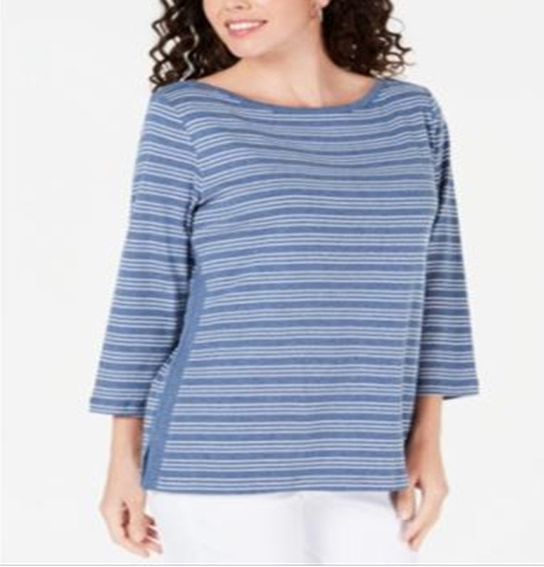 Karen Scott Women's Cotton Striped Vented Hem Top Blue Size Small