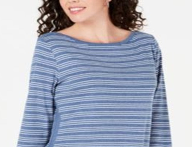 Karen Scott Women's Cotton Striped Vented Hem Top Blue Size Small