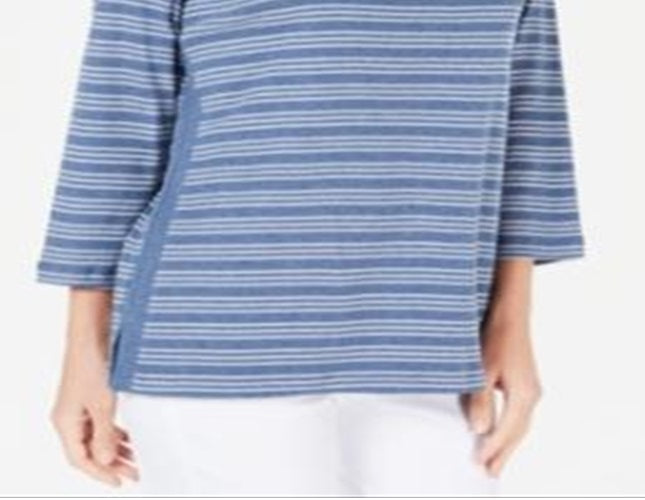 Karen Scott Women's Cotton Striped Vented Hem Top Blue Size Small