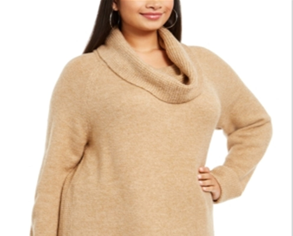 Style & Co Women's Knit Ribbed Trim Funnel Neck Sweater Brown Size 2X