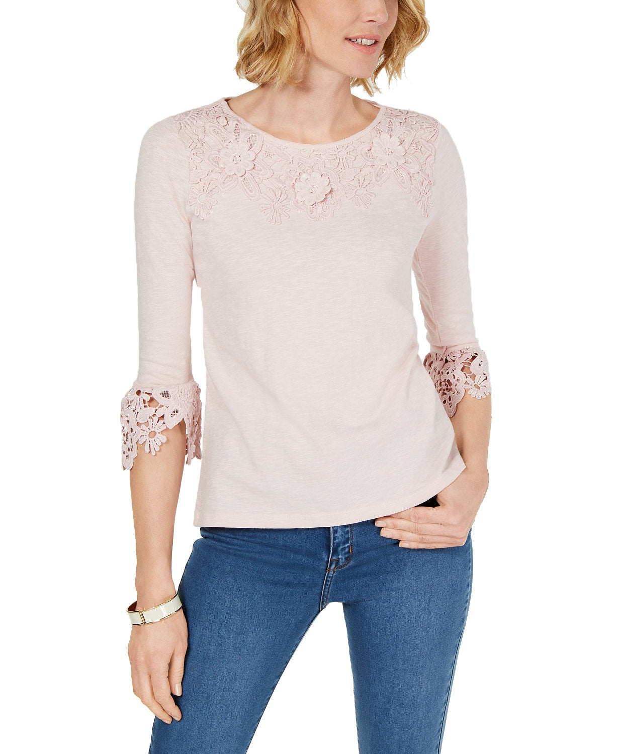 Charter Club Women's Petite Bell-Sleeve Embroidered Top  Misty Pink Pink Size Petite S