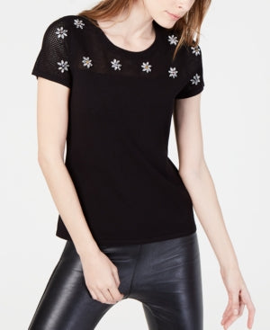 I.n.c. Women's Petite Embellished Short-Sleeve Sweater - Deep Black Size Petite XL