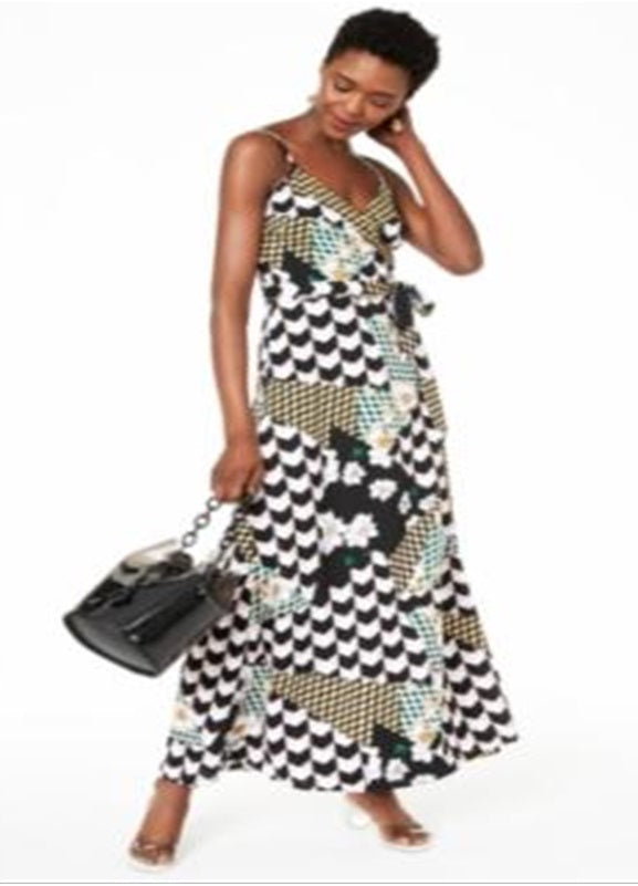 BAR III  Women's Spaghetti Strap Full-Length Wrap Dress Dress Black Size XL