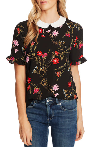 CeCe Women's Floral-Print Peter-Pan-Collar Top Black Size XL