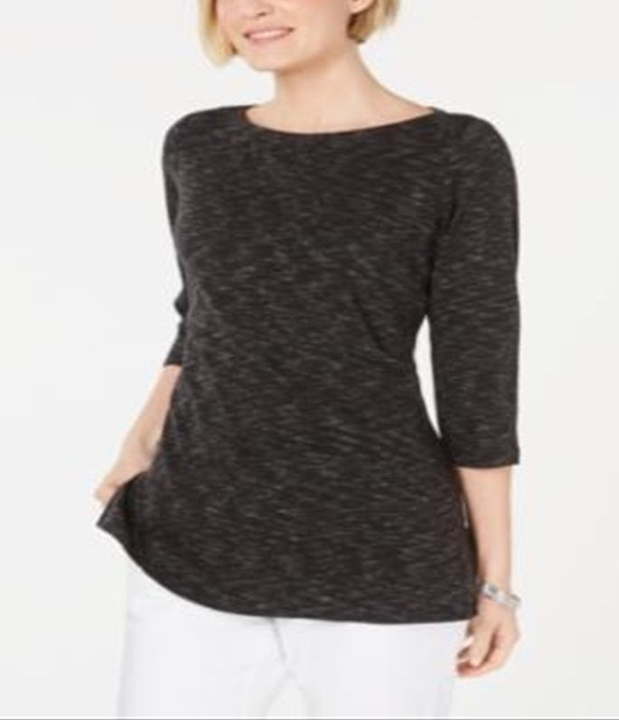 Karen Scott Women's Boat Neck Space Dyed Top Black Size X-Small
