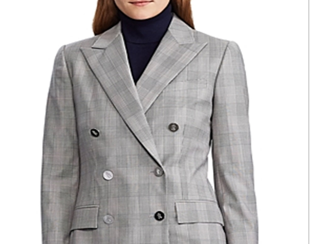 Ralph Lauren Women's Ryen Plaid Business Double Breasted Blazer Gray Size 8