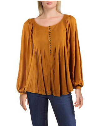 Free People Women's Devin Ribbed Knit Blouson Sleeves Henley Top Orange Size X-Small