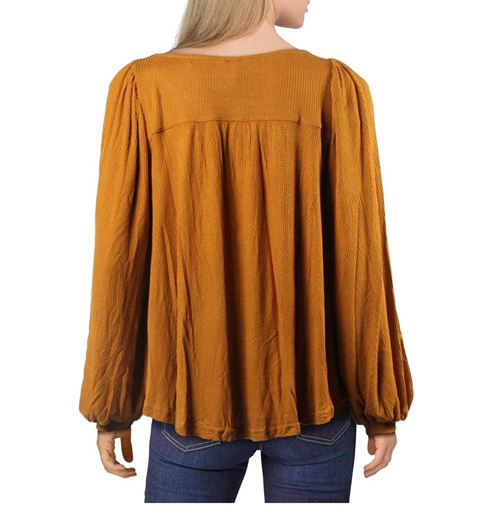Free People Women's Devin Ribbed Knit Blouson Sleeves Henley Top Orange Size X-Small