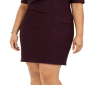 Connected Women's Ribbed Short Sleeve Jewel Neck Above the Knee Sheath Dress Purple Size 18W
