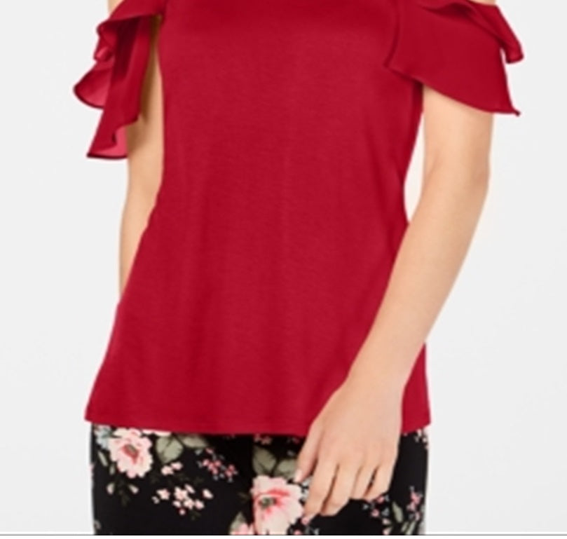 INC International Concepts Women's  Ruffled Cold-Shoulder Top  Red Size XS