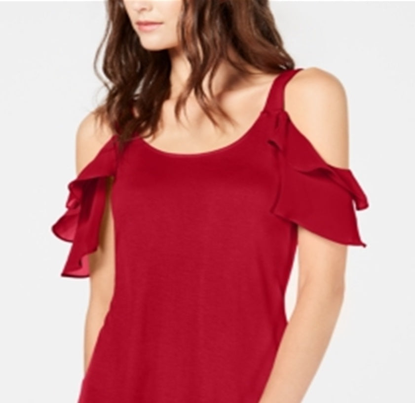 INC International Concepts Women's  Ruffled Cold-Shoulder Top  Red Size XS
