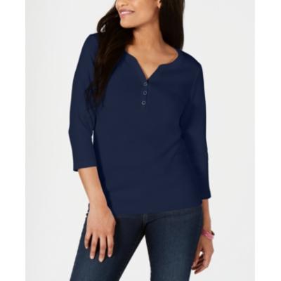 Karen Scott Women's Cotton Henley Top Blue Size L