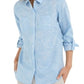 Charter Club Women's Artful Paisleys Printed Linen Blend Shirt Blue Size Small