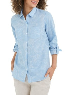 Charter Club Women's Artful Paisleys Printed Linen Blend Shirt Blue Size Small