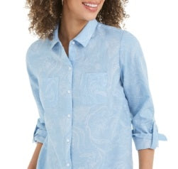 Charter Club Women's Artful Paisleys Printed Linen Blend Shirt Blue Size Small