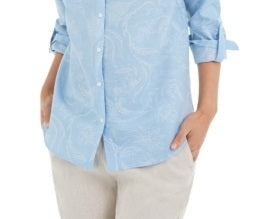 Charter Club Women's Artful Paisleys Printed Linen Blend Shirt Blue Size Small