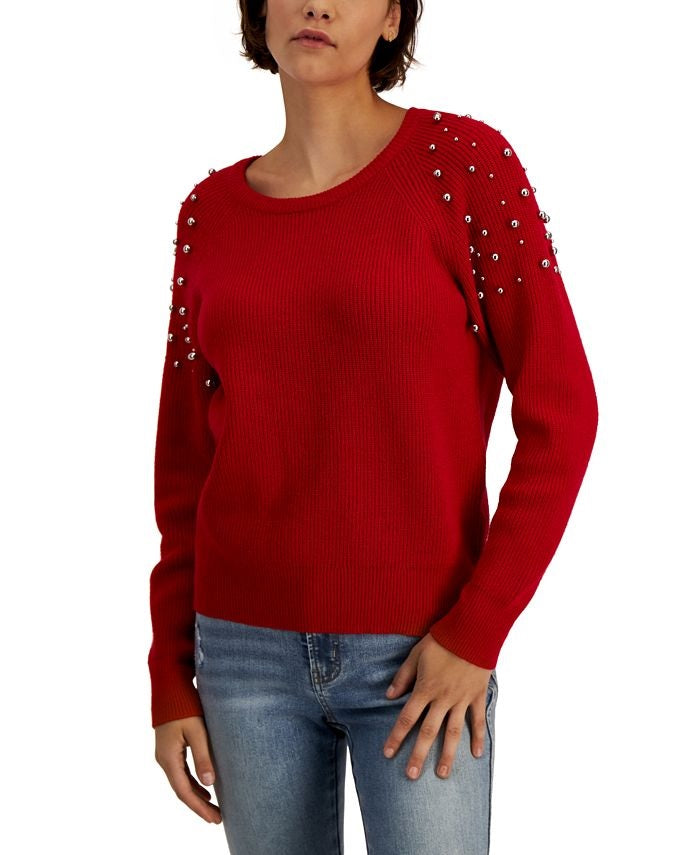 INC International Concepts Women's Faux Wrap Embellished Ring Ribbed Sweater Wine Size X-Large