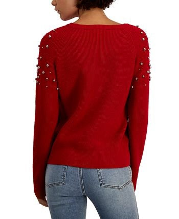 INC International Concepts Women's Faux Wrap Embellished Ring Ribbed Sweater Wine Size X-Large