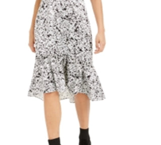 Bar III Women's Satin Splatter Print MIDI Dress White Size 12