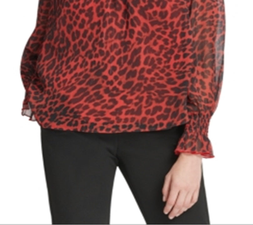 DKNY Women's Zippered Animal Print Long Sleeve Jewel Neck Blouse Top Red Size X-Large