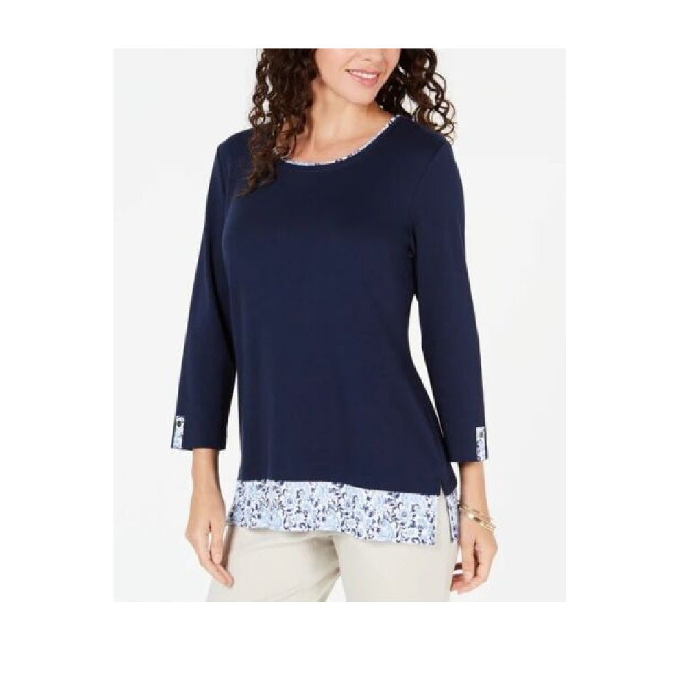 Karen Scott Women's Printed Trim Top Blue Size Petite L