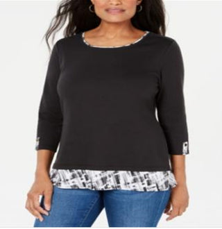 Karen Scott Women's Printed Trim Top Black Size Petite Small