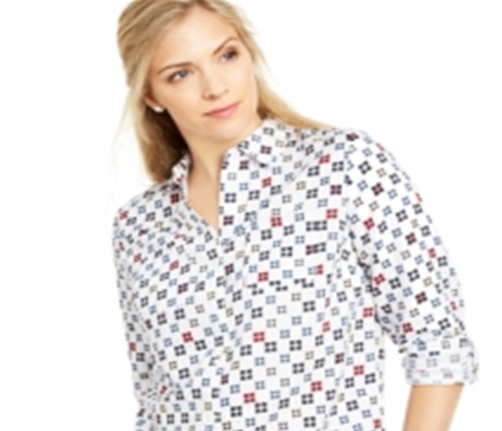 Charter Club Women's Printed Roll Tab Sleeve Linen Blend Top White Size Large