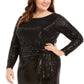 Betsy & Adam Women's Sequined Long Sleeve Jewel Neck Below the Knee Sheath Evening Dress Black Size Petite Small