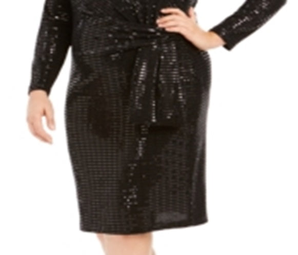 Betsy & Adam Women's Sequined Long Sleeve Jewel Neck Below the Knee Sheath Evening Dress Black Size Petite Small