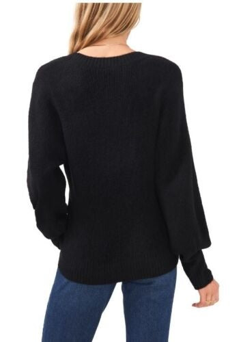 1.STATE Women's Bubble Sleeve Long Sleeve V Neck Sweater Black Size XXS