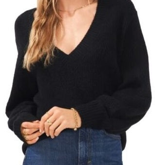 1.STATE Women's Bubble Sleeve Long Sleeve V Neck Sweater Black Size XXS